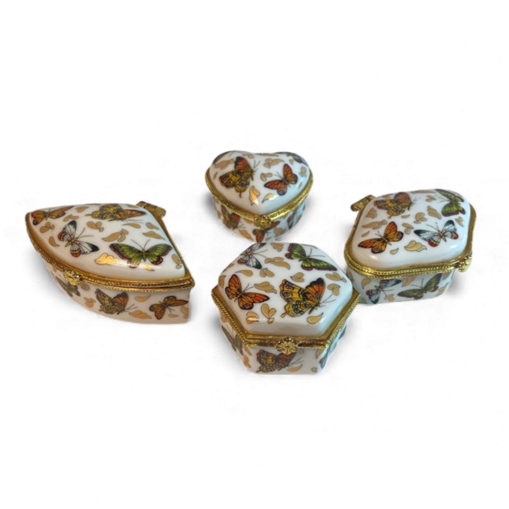 Vintage Mini Porcelain Trinket & Pill Box Set (4) – Butterfly Design, Brass Trim